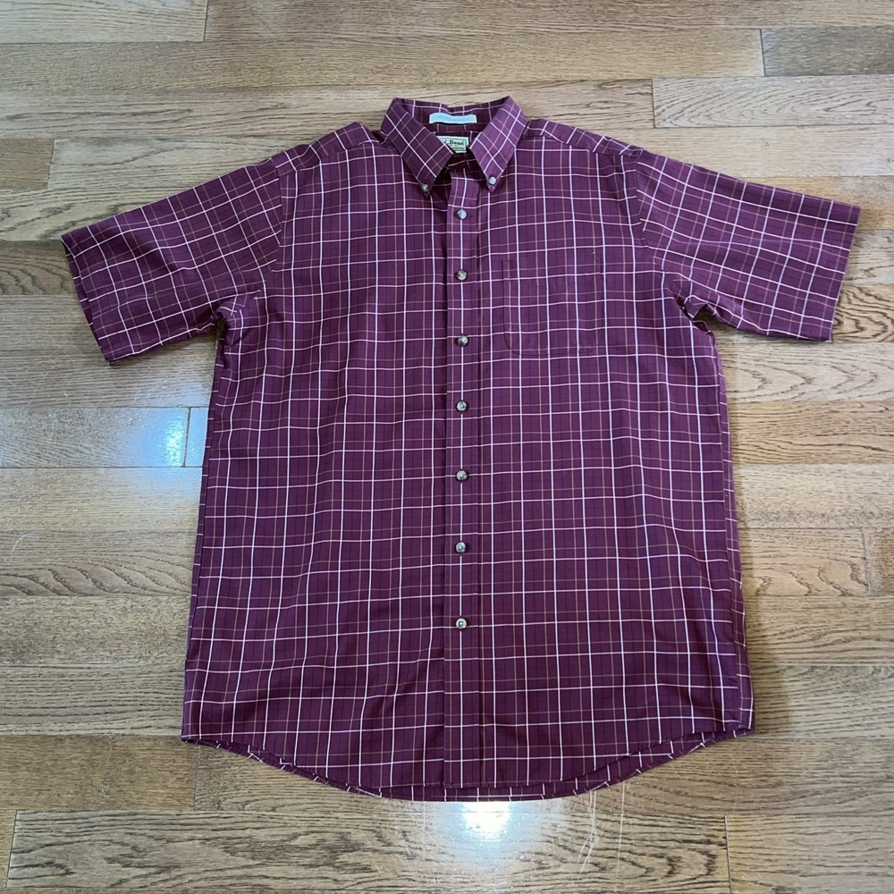 LL Bean Men Wrinkle Resistant Button Down Shirt Sz L-Tall Burgundy Stripe Preppy